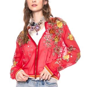 Aratta Silent Journey Rosalie Bomber Jacket M Red Embroidered Floral *See Desc*